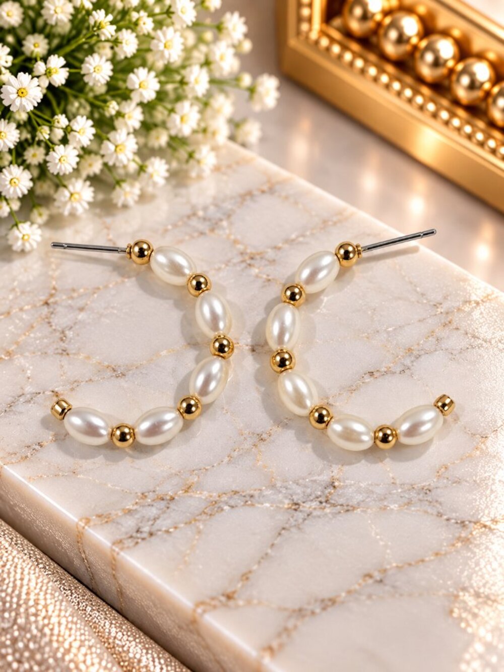 Pearl Beaded Hoop Earrings Gold Tone Elegant Statement Hoops - Women Jewelry